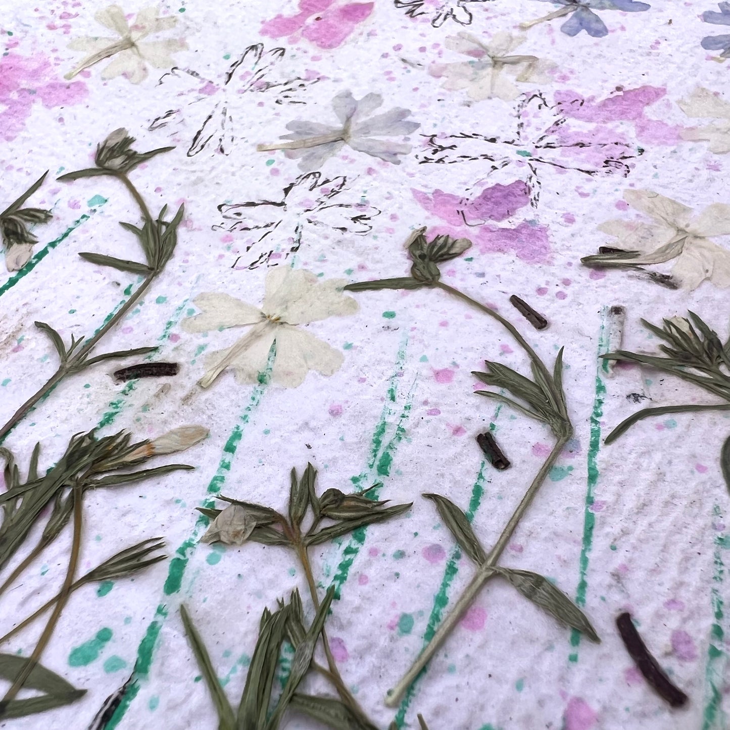 Field of Flox Flowers Watercolor and Pressed Flowers on Handmade Paper