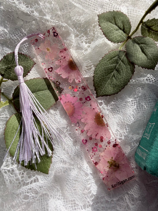 Pink Flowers and Hearts Bookmark| LARGE