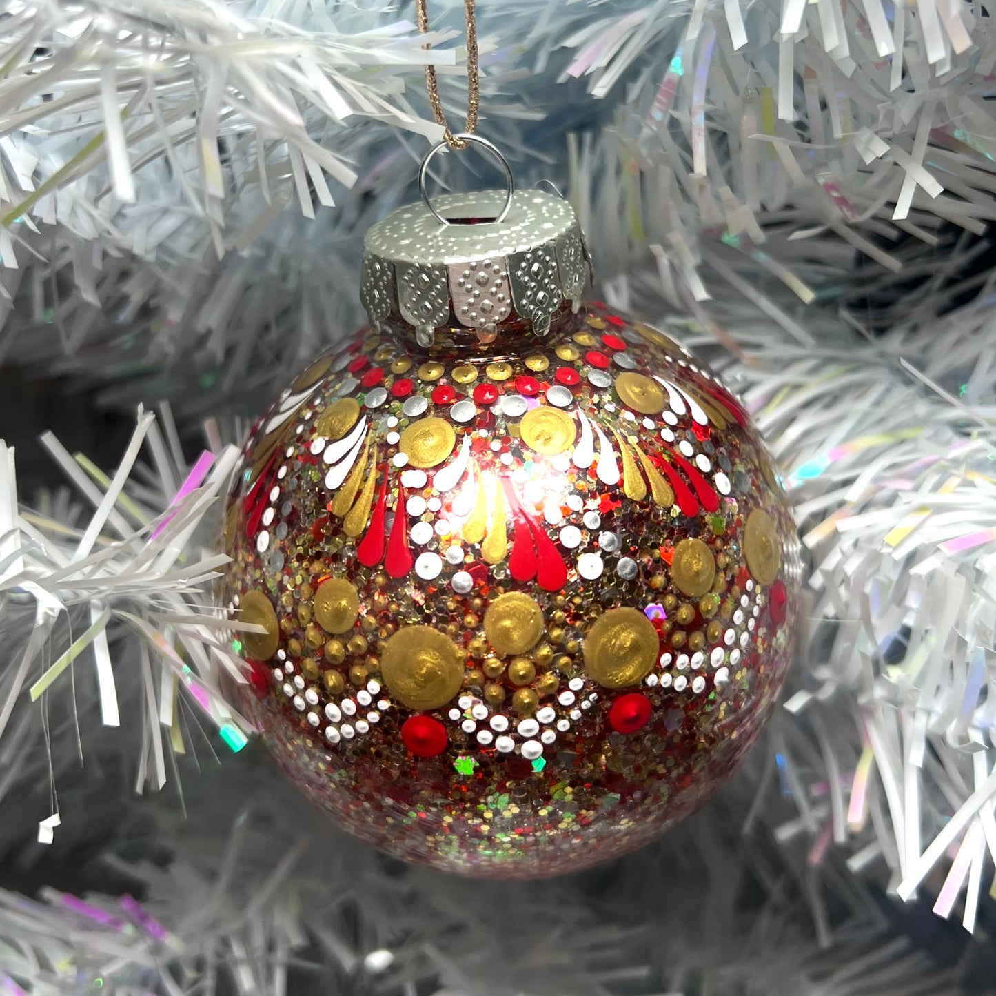 Red Gold White Shimmer - Dot Paint Ball Ornament